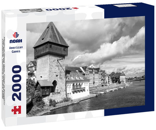 Noah Jigsaw Puzzle Medieval Rhine Gate Tower in Konstanz city facing the Rhine river and Lake Constance, Germany in black white 2000 pieces