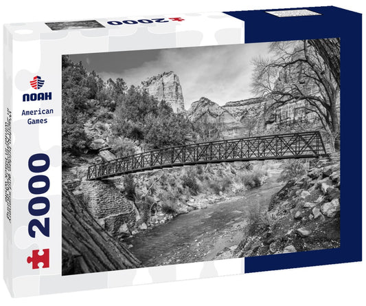 Noah Jigsaw Puzzle Wooden bridge and scenery in Zion National Park during winter in black white 2000 pieces