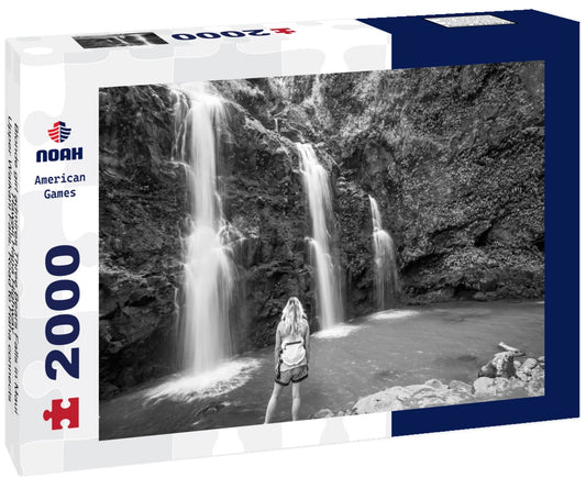 Noah Jigsaw Puzzle Blonde girl admires Three Bears Falls in Maui, Hawaii Hana Highway - Upper Waikani Falls. Road to Hana connects Kahului to the town of Hana Over 59 bridges, 620 curves, tropical rainforest in black white 2000 pieces
