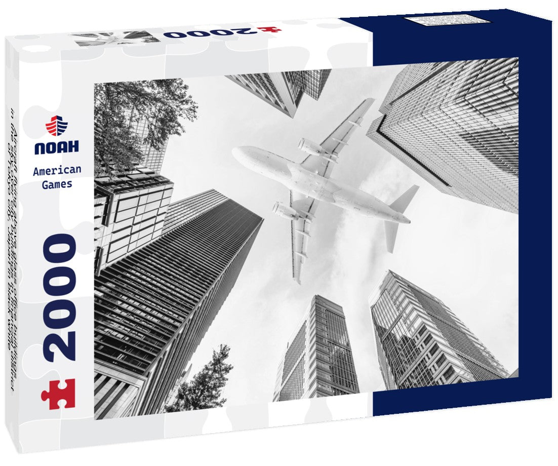 Aircraft flying above glass office buildings in the sky over city buildings in financial district of Tokyo city, Japan 2000pc PuzzleBlack and White
