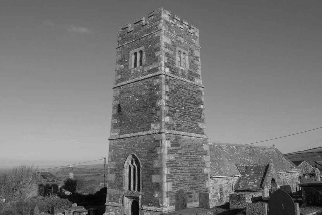 St Petroc Church in the Coastal Village of Trevalga with a Bright Blue Sky and Atlantic Ocean in the Background in Rural Cornwall, England 2000pc PuzzleBlack and White