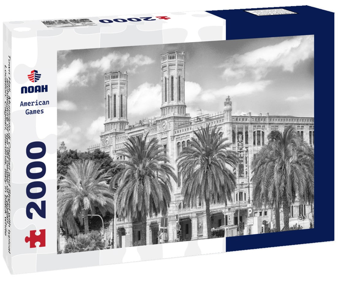 Noah Jigsaw Puzzle Town Hall, Municipio di Cagliari and Street with typical architecture of the old center of Cagliari. Location: Cagliari, Sardinia, Italy in black white 2000 pieces