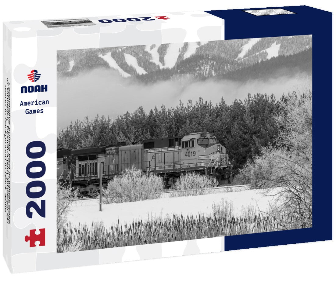 Locomotive pulling train in winter close to Whitefish, Montana with Whitefish ski resort in background 2000pc PuzzleBlack and White