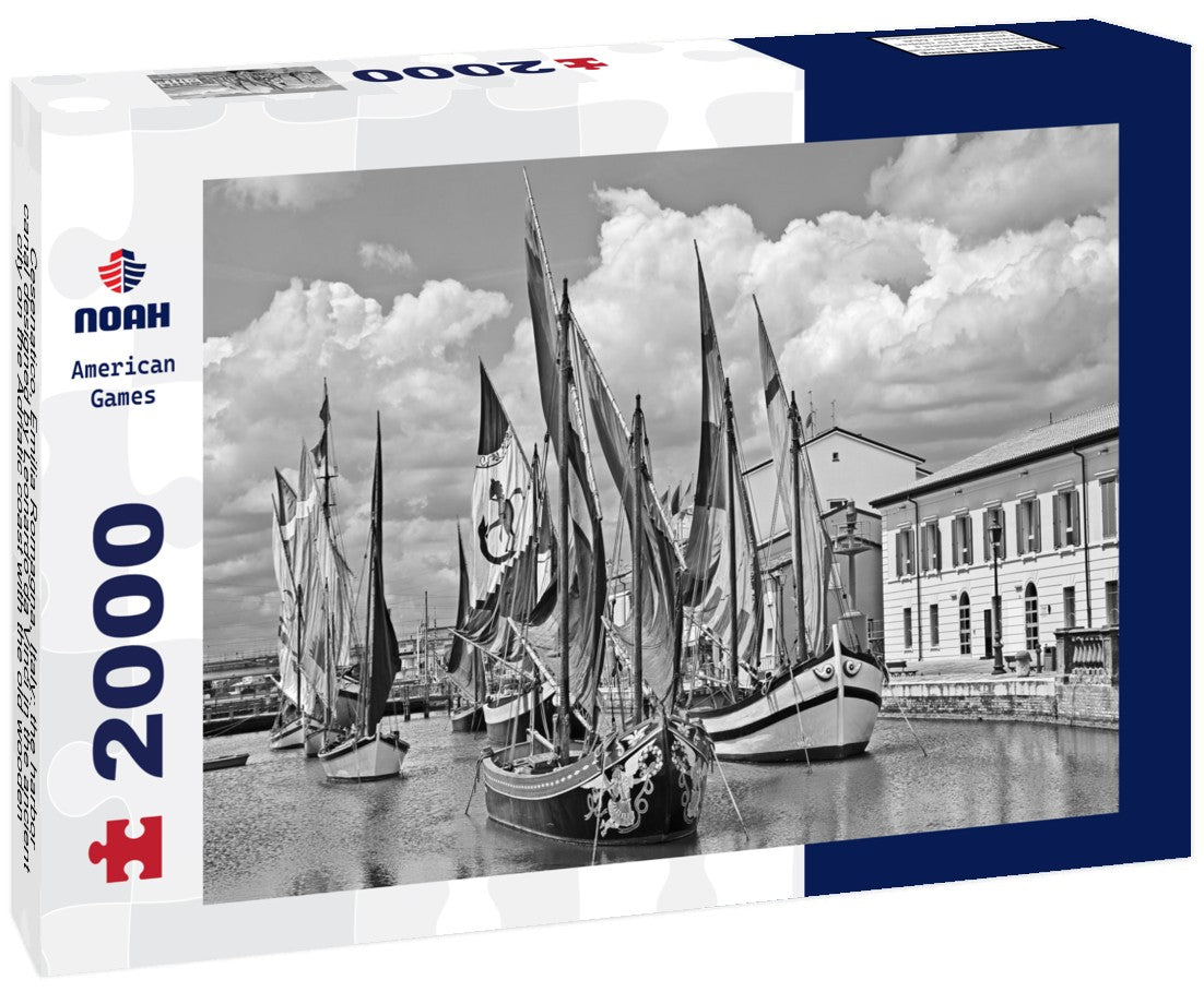 Cesenatico, Emilia Romagna, Italy: the harbor canal designed by Leonardo da Vinci in the ancient city on the Adriatic coast with the old wooden sailing boats 2000pc PuzzleBlack and White