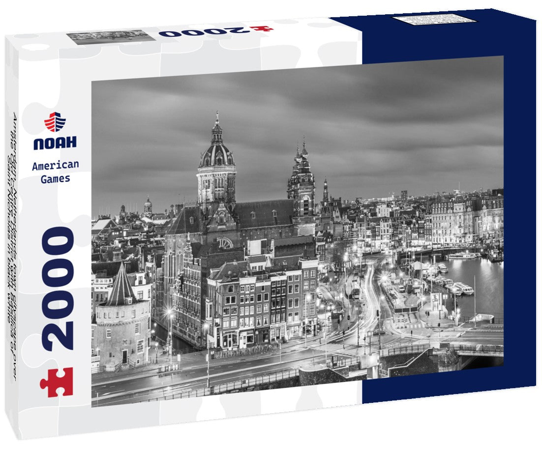 Amsterdam, Netherlands town cityscape over the Old Centre District with Basilica of Saint Nicholas 2000pc PuzzleBlack and White