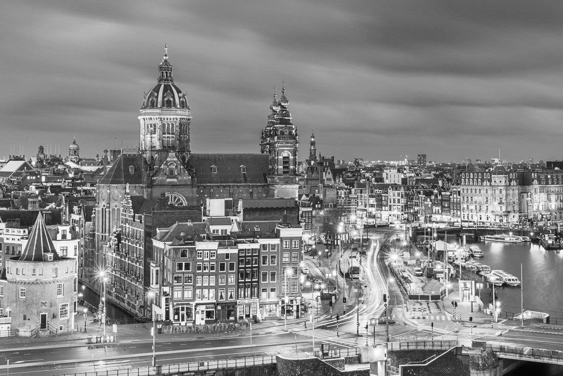 Amsterdam, Netherlands town cityscape over the Old Centre District with Basilica of Saint Nicholas 2000pc PuzzleBlack and White