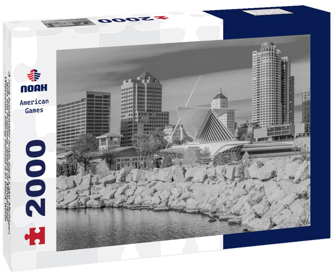 Noah Jigsaw Puzzle A rock breakwater holds back Lake Michigan, with the business district of Milwaukee, Wisconsin sitting behind it in black white 2000 pieces