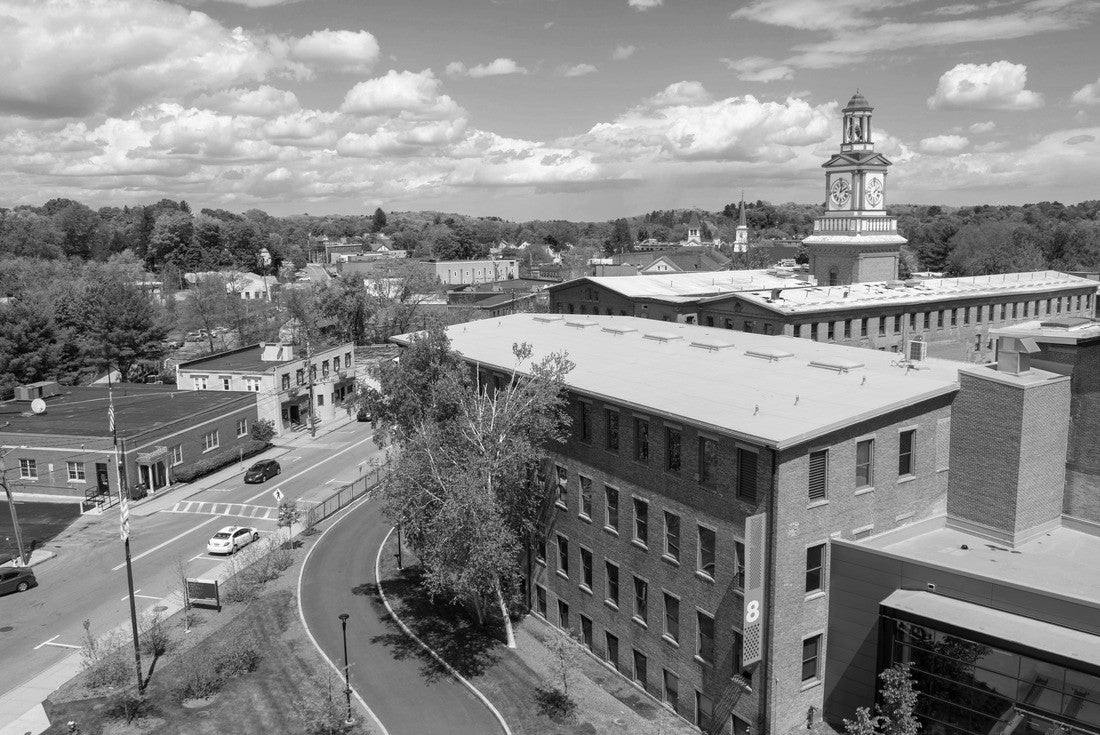 Historic Assabet Woolen Mill, built in 1847, on Main Street on Assabet River in Maynard historic town center in spring, Maynard, Massachusetts, USA 2000pc PuzzleBlack and White