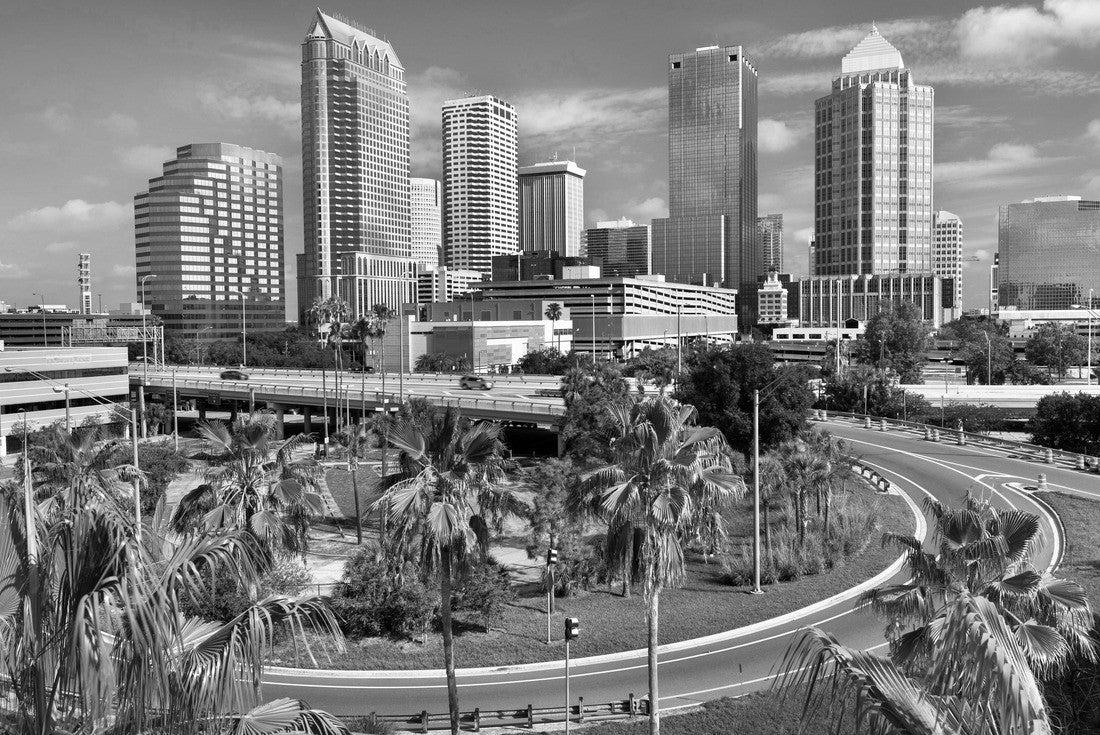 Noah Jigsaw Puzzle Downtown city skyline view of Tampa Florida USA looking over the freeway and the Riverwalk in black white 2000 pieces