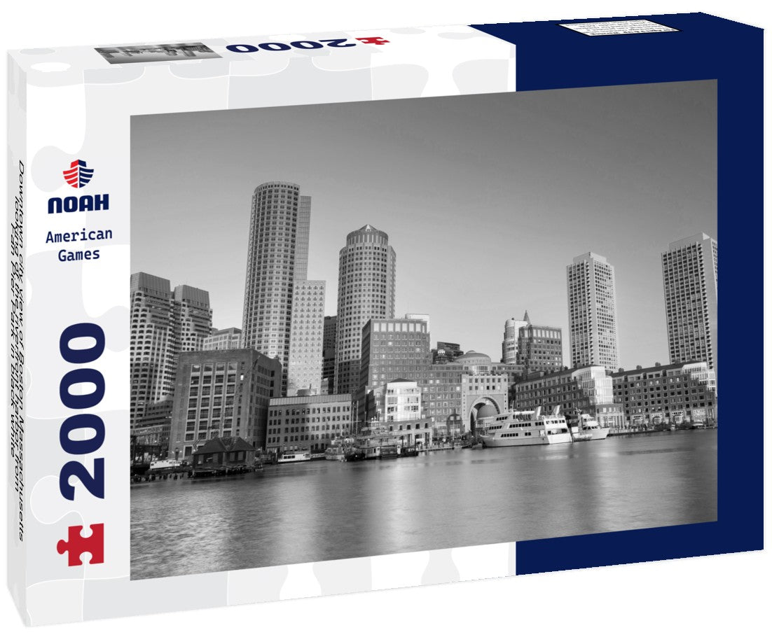 Downtown city view of Boston Massachusetts looking of the riverfront harbor from Fan Pier Park 2000pc PuzzleBlack and White