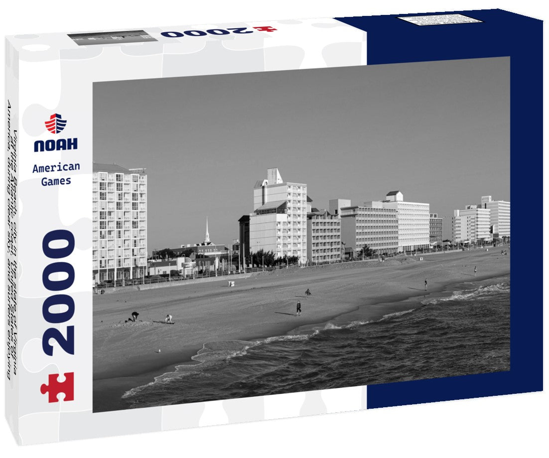 Noah Jigsaw Puzzle Virginia Beach, city in the state of Virginia, at the Atlantic coast, United States of America, during clear sky, and surfers enjoying the waves in black white 2000 pieces