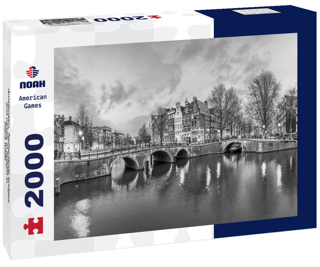 Amsterdam, Netherlands bridges and canals at twilight 2000pc PuzzleBlack and White