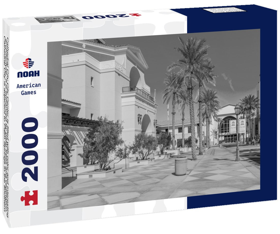 Noah Jigsaw Puzzle Cathedral City City Center is filled with color and interesting architecture. It is enhanced by palm trees and vegetation. Cathedral City is adjacent to Palm Springs in the southern California desert in black white 2000 pieces