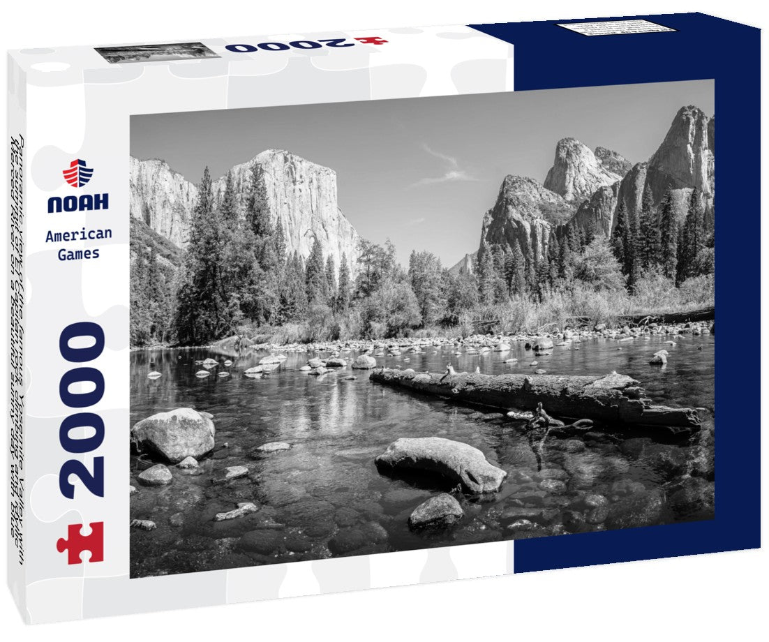 the famous Yosemite Valley with the summit of El Capitan rock climbing and idyllic Merced River on a beautiful sunny day with blue skies in summer, Yosemite 2000pc PuzzleBlack and White
