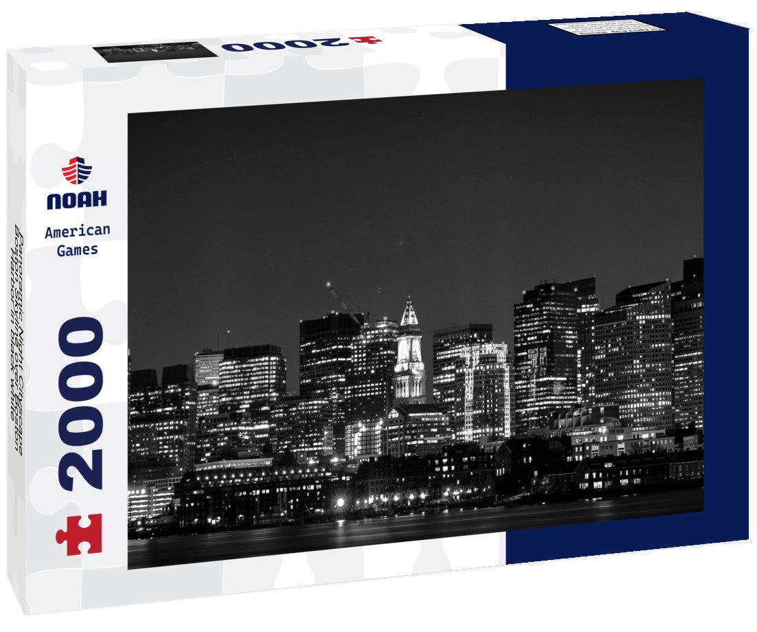 Noah Jigsaw Puzzle Panoramic Night Cityscape Boston Skyline over Boston Harbor in black white 2000 pieces