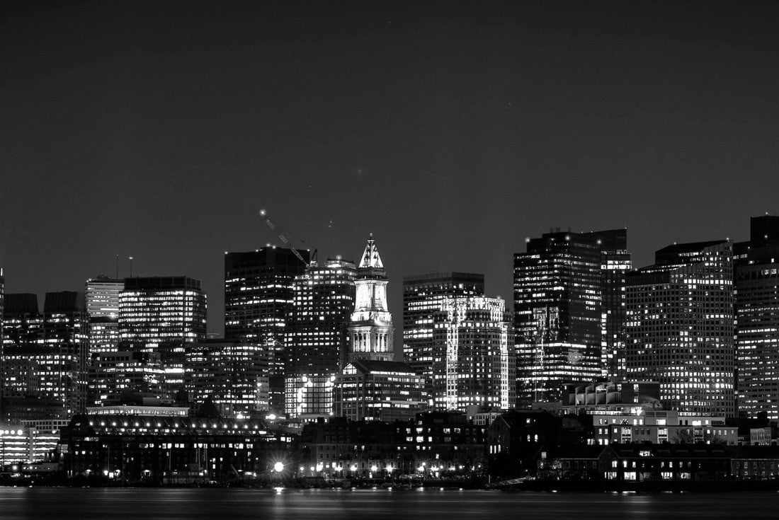 Noah Jigsaw Puzzle Panoramic Night Cityscape Boston Skyline over Boston Harbor in black white 2000 pieces