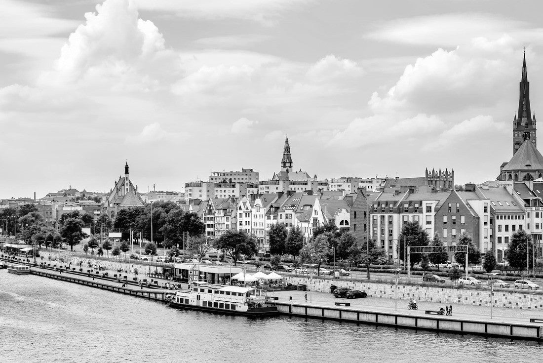 Ships anchored on the Odra River. People relax on Piastowski Boulevard. St. James's Basilica, with the Apostolska Tower in the background, Szczecin, Poland 2000pc PuzzleBlack and White