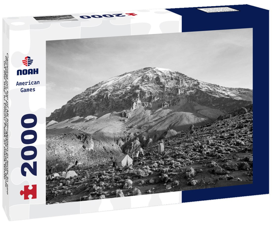 Camping on top of Mt Kilimanjaro in tents to see the glaciers in Tanzania, Africa Orange tents on the way to Uhuru Peak 2000pc PuzzleBlack and White