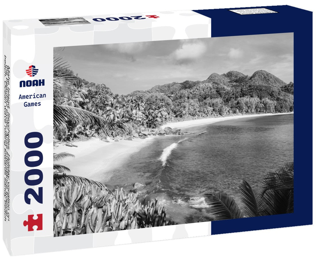 Noah Jigsaw Puzzle Mahe Island, Seychelles. Holiday vocation on the beautiful exotic Anse Intendance tropical beach. Ocean wave rolling towards sandy beach with coconut palm trees in black white 2000 pieces