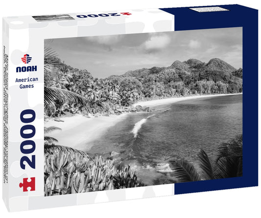Noah Jigsaw Puzzle Mahe Island, Seychelles. Holiday vocation on the beautiful exotic Anse Intendance tropical beach. Ocean wave rolling towards sandy beach with coconut palm trees in black white 2000 pieces