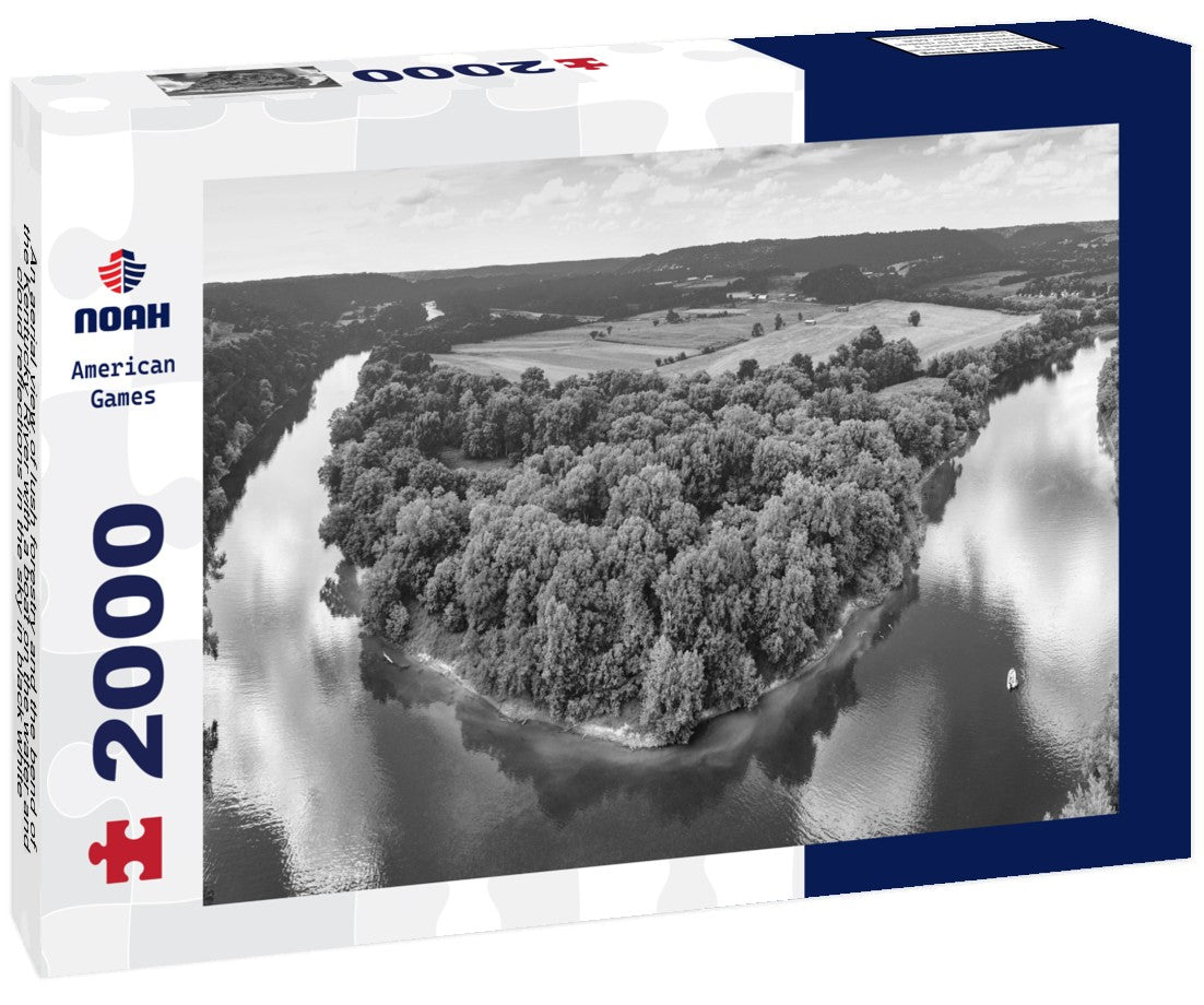 An aerial view of lush forestry and the bend of the Kentucky River with a boat on the water and cloud reflections in the sky 2000pc PuzzleBlack and White