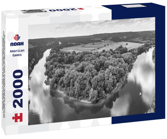 Noah Jigsaw Puzzle An aerial view of lush forestry and the bend of the Kentucky River with a boat on the water and cloud reflections in the sky in black white 2000 pieces