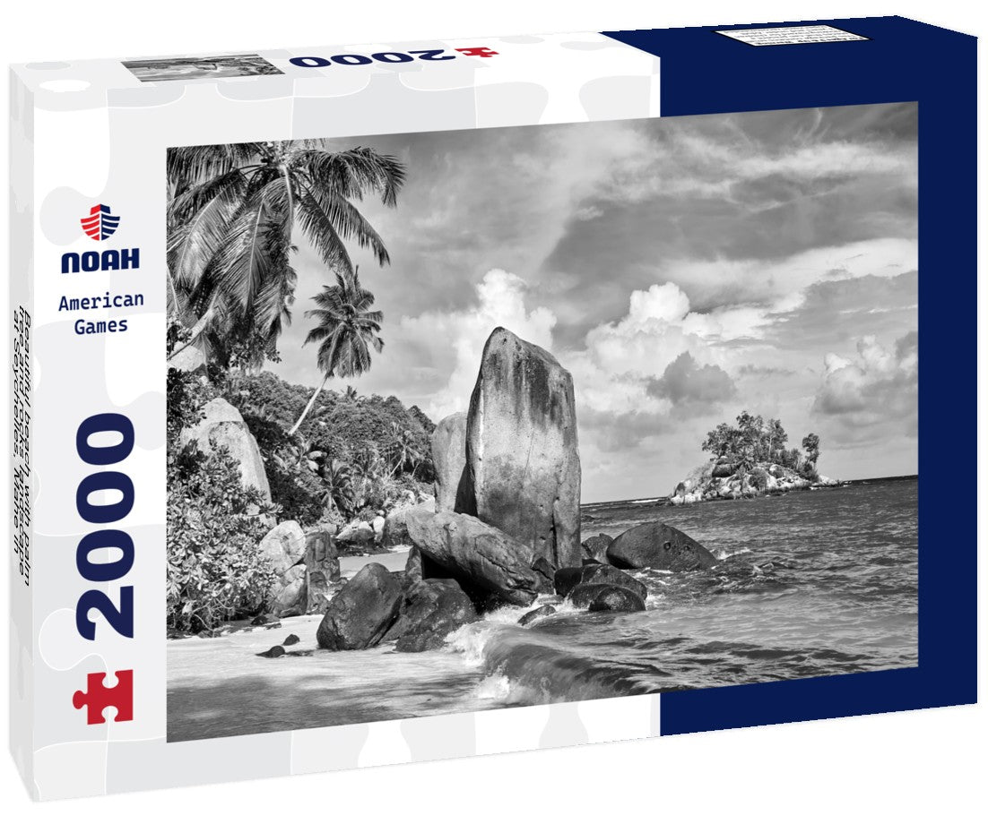 Noah Jigsaw Puzzle Beautiful beach with palm tree and rocks landscape at Seychelles, Mahe in black white 2000 pieces
