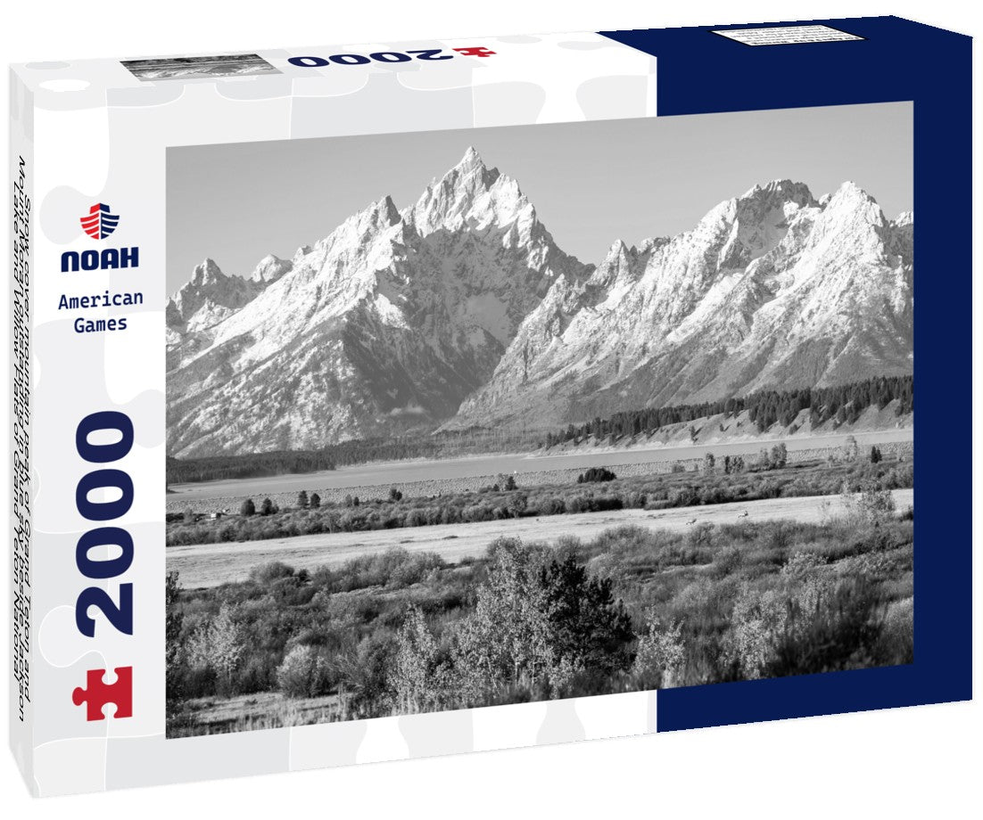 Snow cover mountain peak of Grand Teton and Mount Moran outstanding in blue sky beside Jackson Lake and Willow Flats of Grand Teton National Park, Wyoming, USA 2000pc PuzzleBlack and White