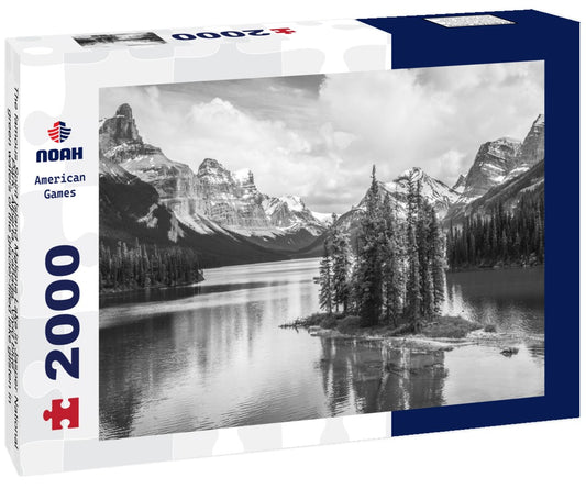 Noah Jigsaw Puzzle The famous Spirit Island Maligne Lake in Jasper National Park, Alberta, Canada. Vivid blue-green waters of the glacier-filled lake glisten in the sun around the famous pine gathering in black white 2000 pieces