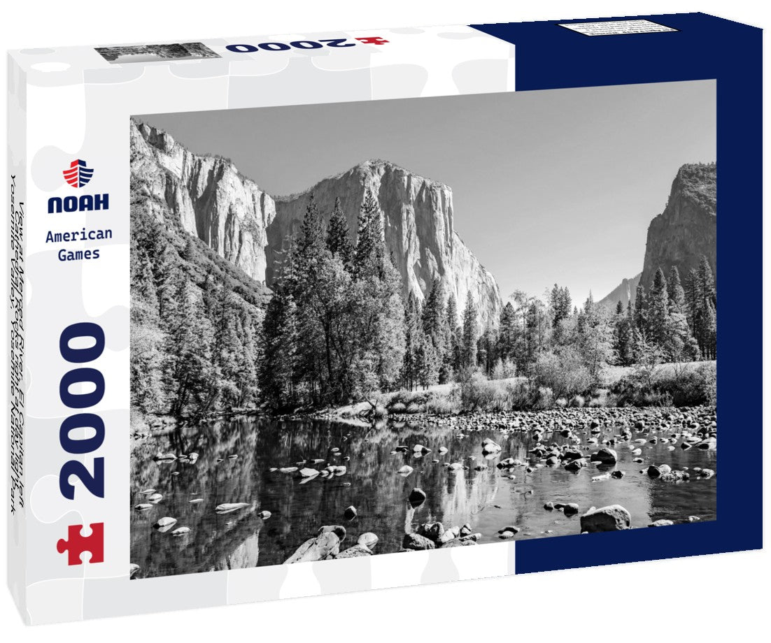 Noah Jigsaw Puzzle View at Merced River, El Capitan left, Cathedral Rocks right at day light, Yosemite Valley, Yosemite National Park, California, USA in black white 2000 pieces