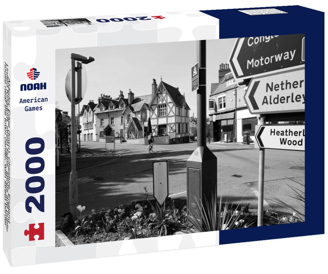 Alderley Edge (town), Cheshire, England, United Kingdom, street signs, shops and public house near the town center, with street border flowers and a cyclist 2000pc PuzzleBlack and White