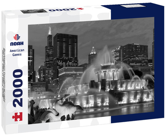 Noah Jigsaw Puzzle Buckingham Fountain at night and Chicago Center, Chicago, Illinois, USA in black white 2000 pieces