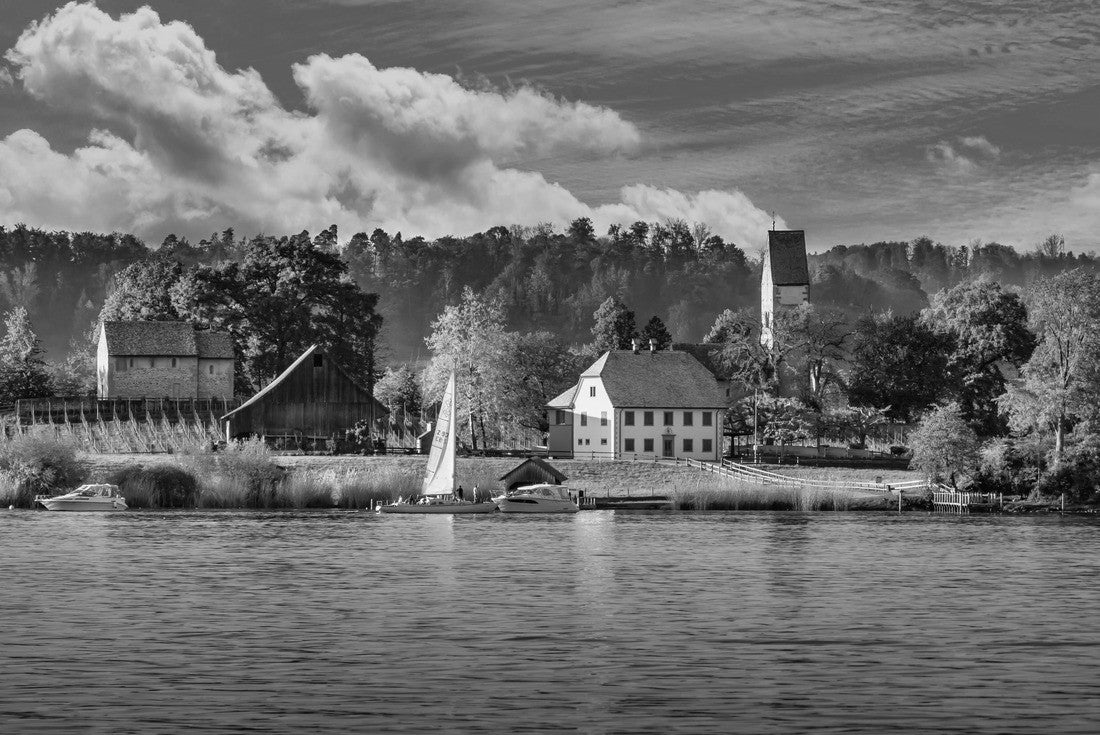 Noah Jigsaw Puzzle The idyllic island of Ufenau in Lake Zurich between Freienbach (Canton Schwyz) and Rapperswil (Canton St. Gallen), Switzerland in black white 2000 pieces