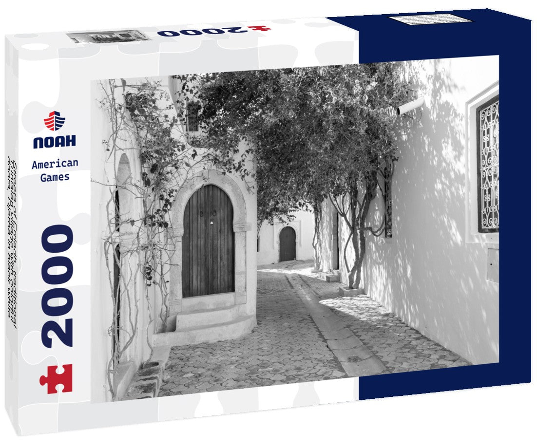 Streets of Erriadh, traditional Tunisian village with colorful doors, Djerba 2000pc PuzzleBlack and White