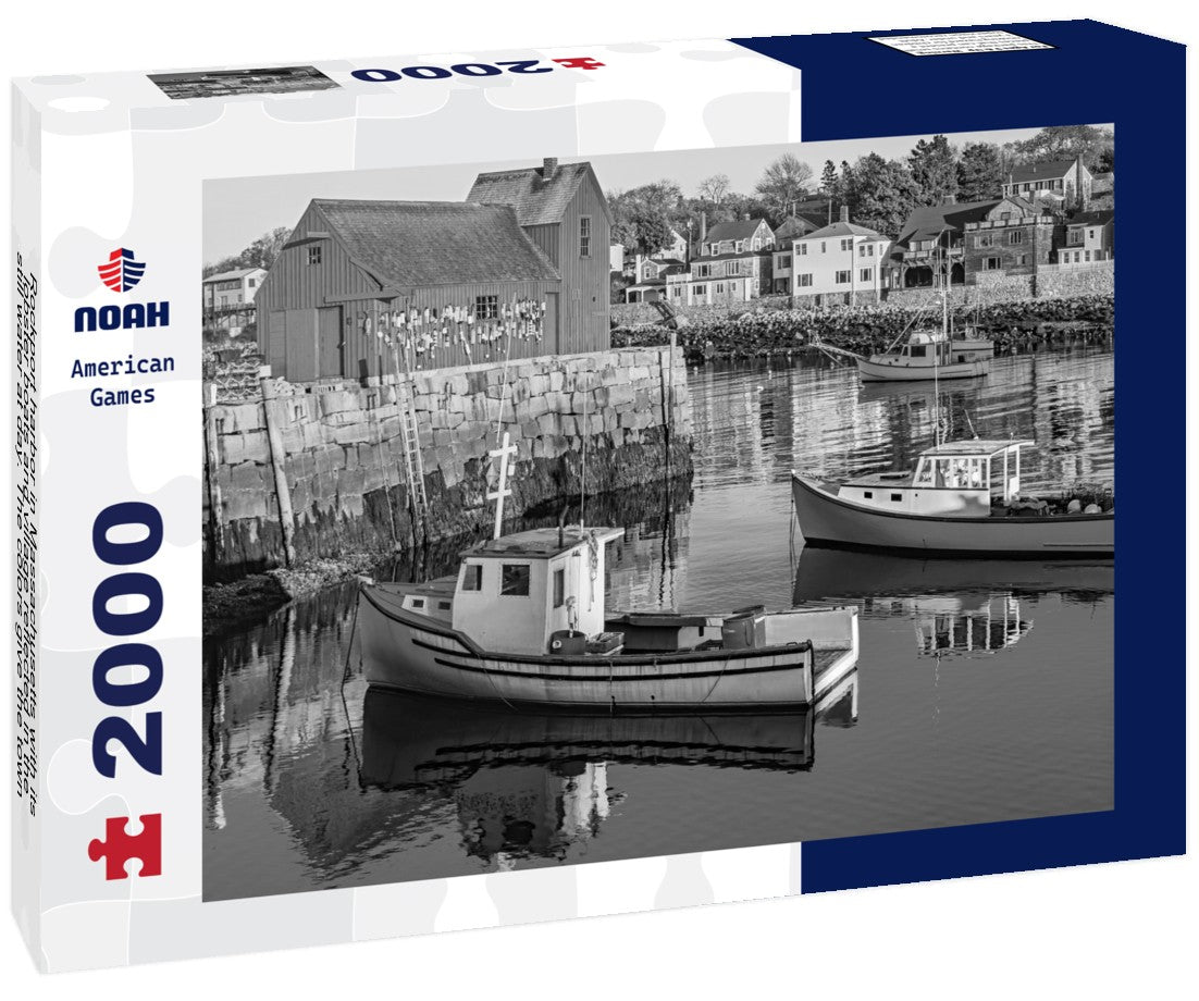 Rockport harbor in Massachusetts with its lobster boats and village reflected in the still water at day. The colors give the town a nostalgic feel 2000pc PuzzleBlack and White