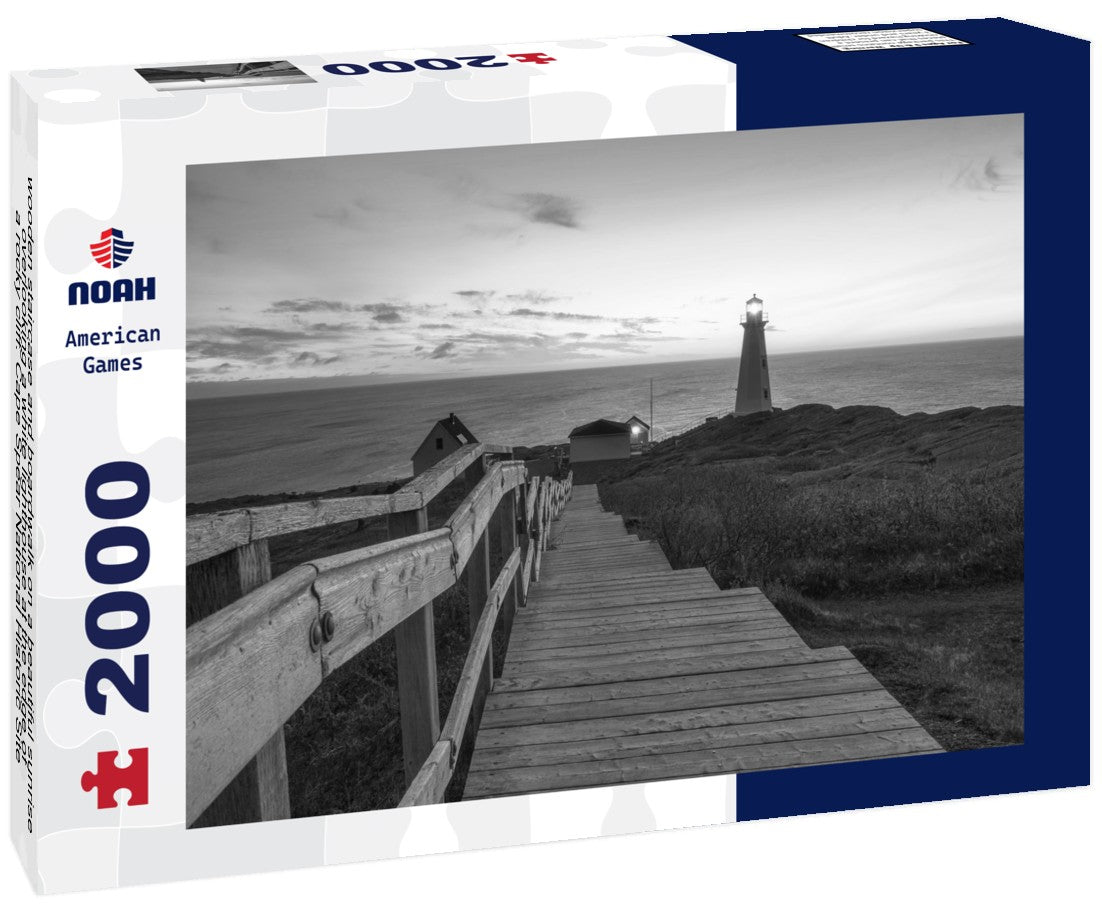 wooden staircase and boardwalk on a beautiful sunrise, overlooking a white lighthouse at the edge of a rocky cliff. Cape Spear National Historic Site, St Johns Newfundland 2000pc PuzzleBlack and White
