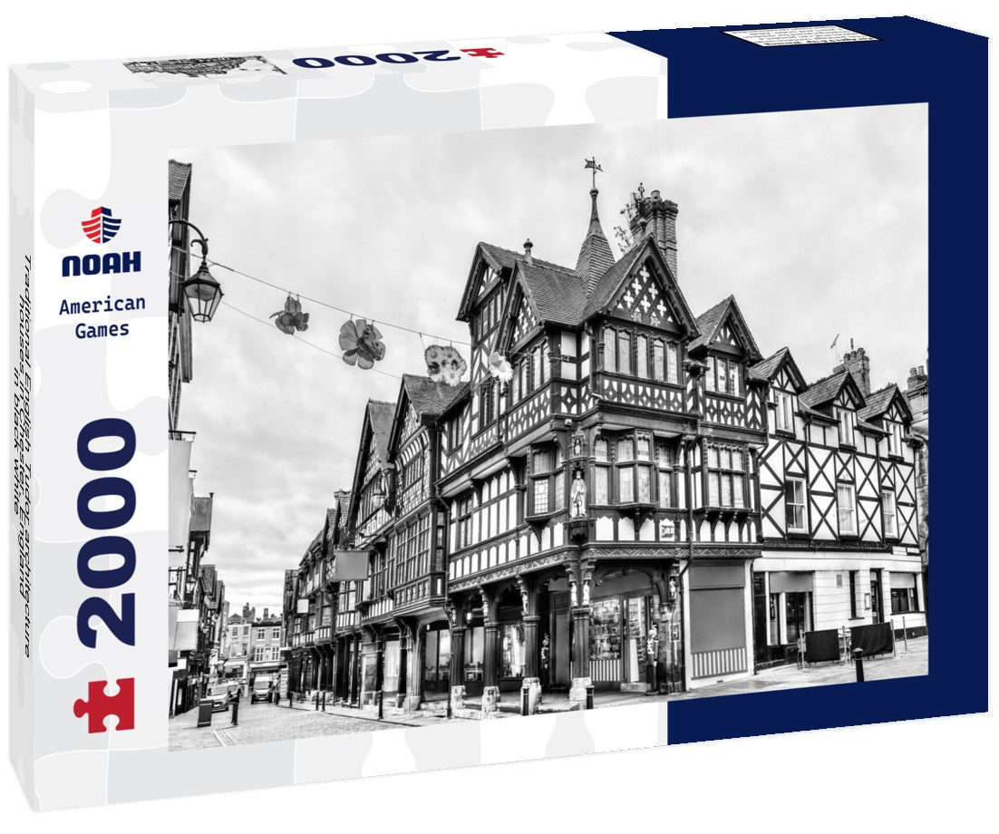 Noah Jigsaw Puzzle Traditional English Tudor architecture houses in Chester, England in black white 2000 pieces