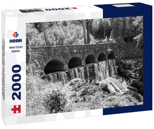 Noah Jigsaw Puzzle Waterfall under an old stone bridge at Case Mountain Recreational Area in Manchester, CT in black white 2000 pieces