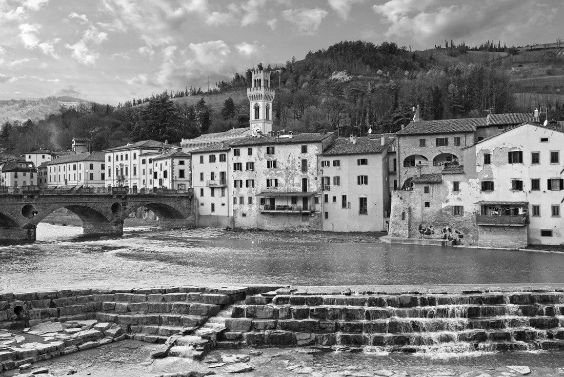 Santa Sofia, Forli Cesena, Emilia Romagna, Italy: landscape of the old town with the picturesque river and the Apennine Mountains in the background 2000pc PuzzleBlack and White