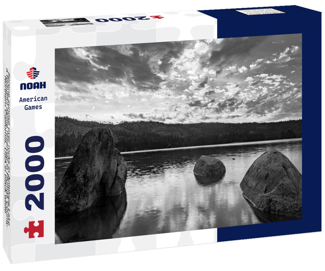 Serene sunrise over rocks in Antelope Lake, a beautiful alpine reservoir in Plumas County, Northern California, USA 2000pc PuzzleBlack and White