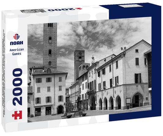 Noah Jigsaw Puzzle View of the old town square with cobblestones and medieval towers under a beautiful sky in Alba, Piedmont, northern Italy in black white 2000 pieces