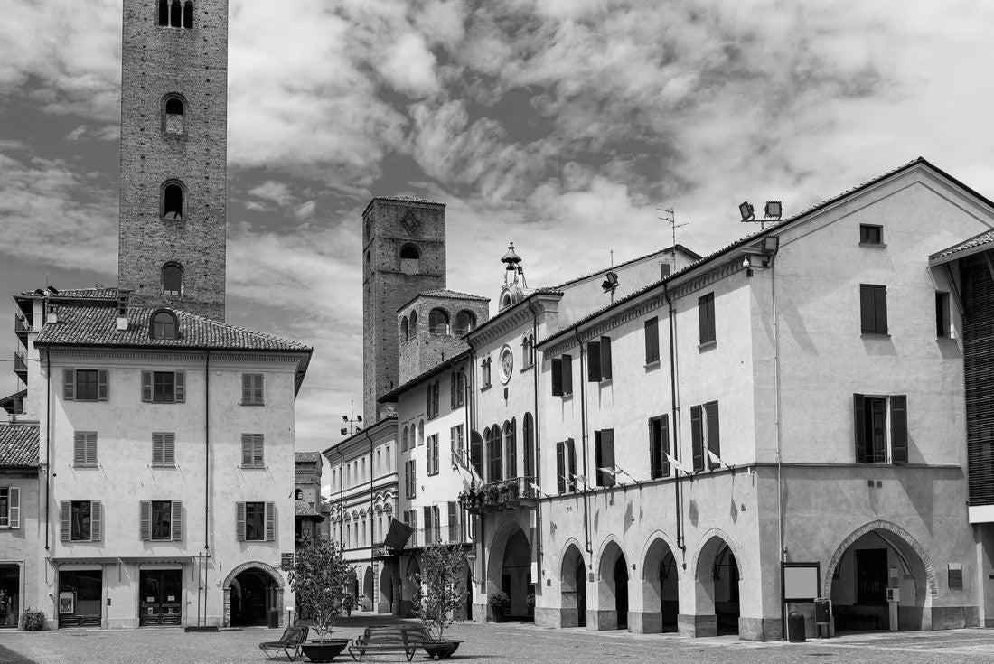 Noah Jigsaw Puzzle View of the old town square with cobblestones and medieval towers under a beautiful sky in Alba, Piedmont, northern Italy in black white 2000 pieces