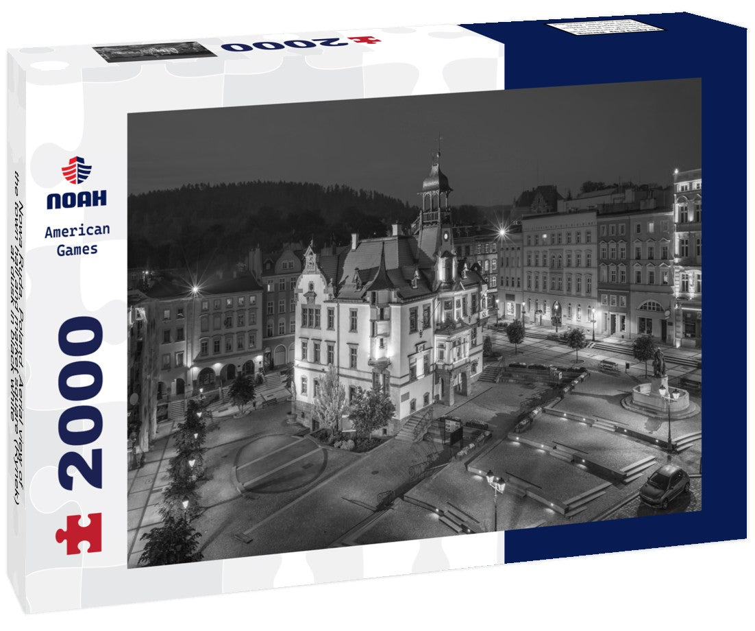 Nowa Ruda, Poland. Aerial view of the town hall and market square (Rynek) at dusk 2000pc PuzzleBlack and White