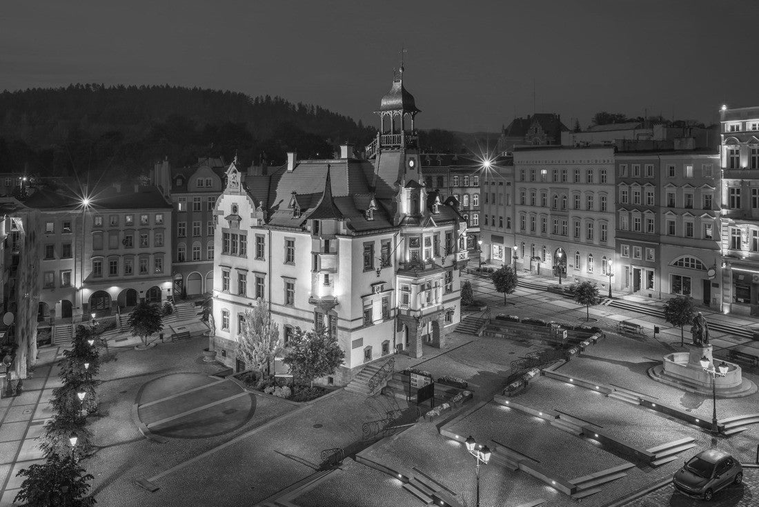 Nowa Ruda, Poland. Aerial view of the town hall and market square (Rynek) at dusk 2000pc PuzzleBlack and White