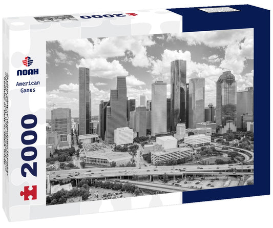 Noah Jigsaw Puzzle Skyline view of downtown Houston during the day with cityscape and freeway in view in black white 2000 pieces