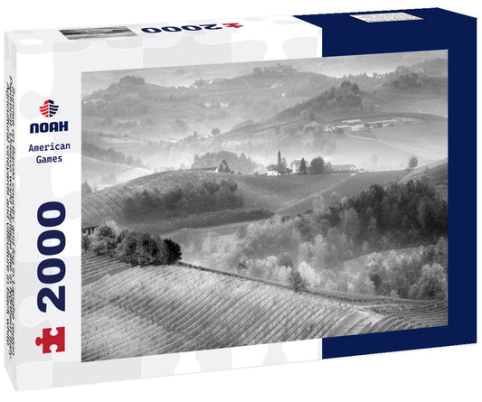 Noah Jigsaw Puzzle Sunrise on Barolo country and fog in Langhe region, Piedmont. Unesco world heritage site in Northern Italy. Agricultural vineyards and viticulture in black white 2000 pieces