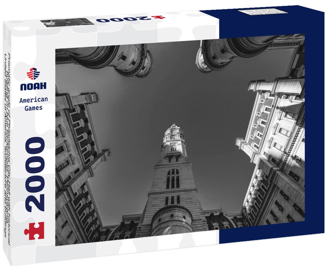 Noah Jigsaw Puzzle Prismatic angle of Philadelphia City Hall with historical building on blue background, Pennsylvania, United States of America, architecture and buildings, travel and tourism concept in black white 2000 pieces