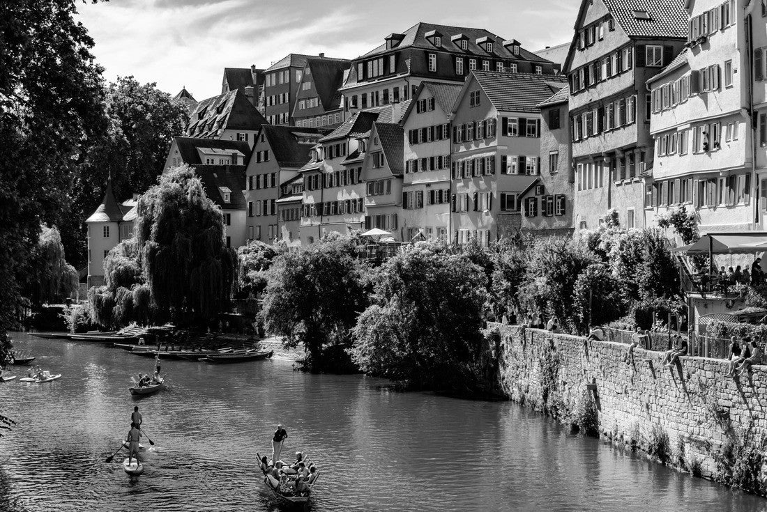 Neckerfront in Tübingen is a traditional university town in Baden-Württemberg on a sunny summer's day with colorful facades, churches (Stiftskirche) and punts (punting boats) on the river 2000pc PuzzleBlack and White
