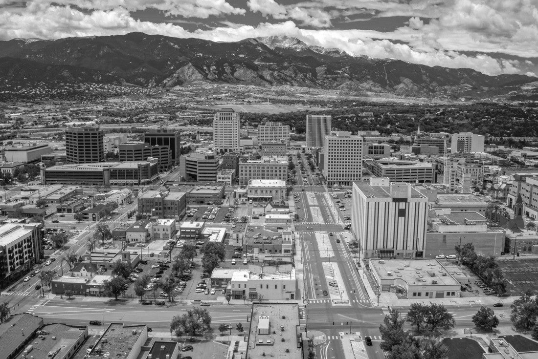 Noah Jigsaw Puzzle Downtown Colorado Springs with Rocky Mountains and Pike's Peak in black white 2000 pieces