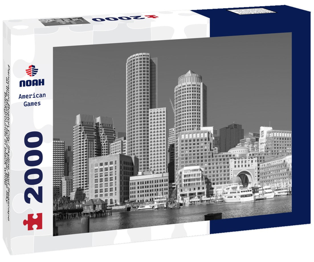 Noah Jigsaw Puzzle Panoramic Boston City Skyline and Seascape at the Boston Harbor. Clear Blue Sky Backgrounds in black white 2000 pieces